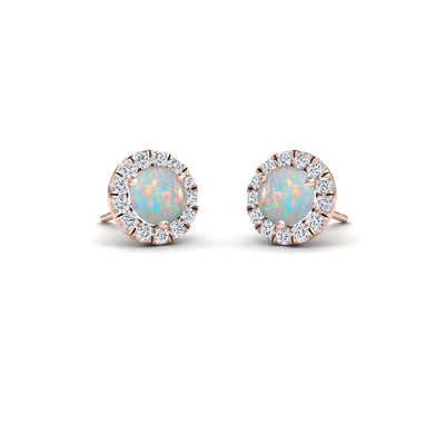 Opal & White Diamond Round Halo Earrings