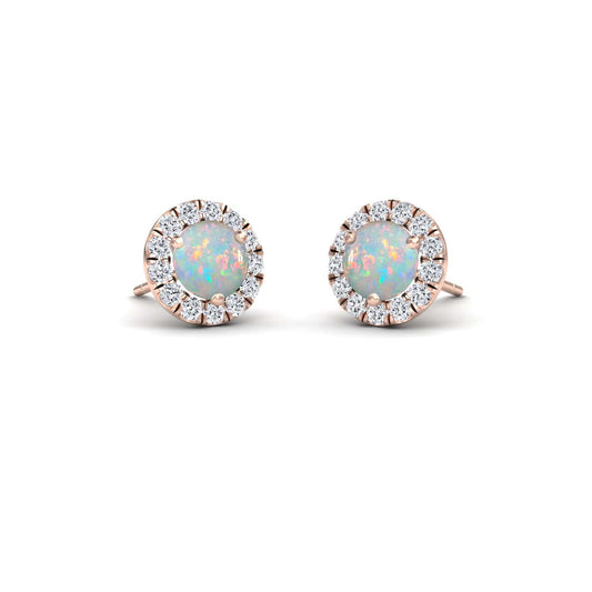 Opal & White Diamond Round Halo Earrings - Elena