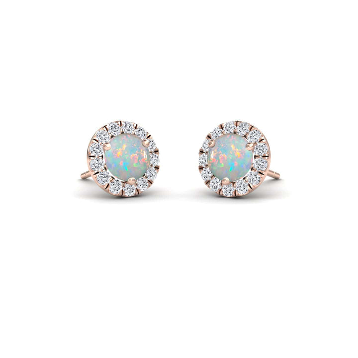 Opal & White Diamond Round Halo Earrings - Elena