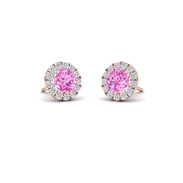 Pink Sapphire & White Diamond Round Halo Earrings - Elena
