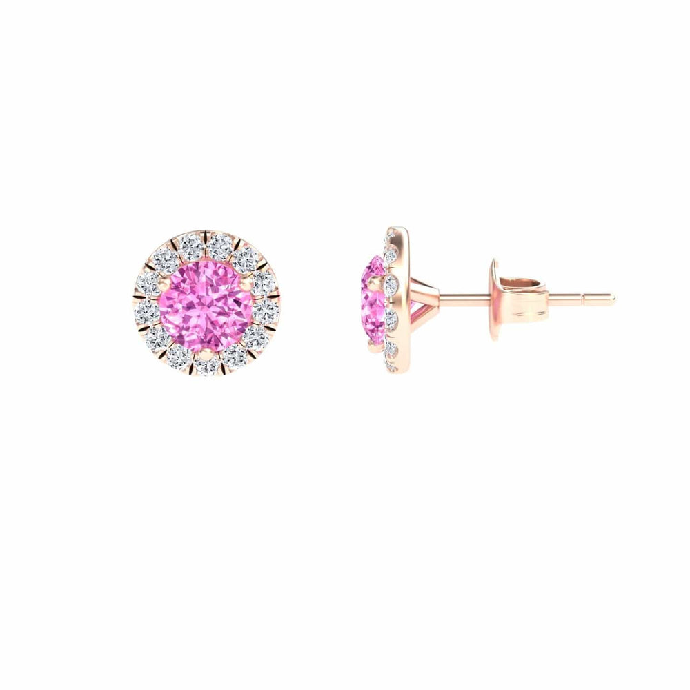 Pink Sapphire & White Diamond Round Halo Earrings - Elena