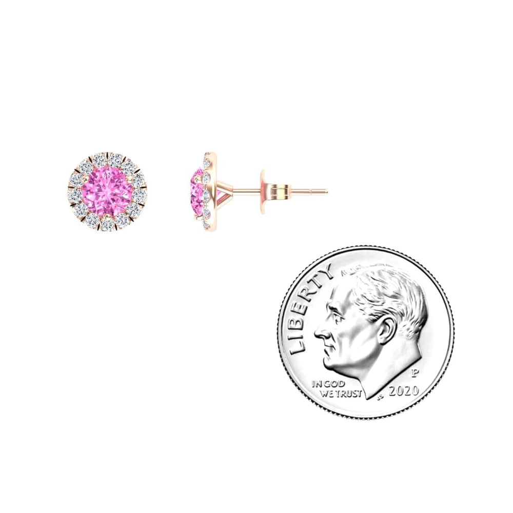 Pink Sapphire & White Diamond Round Halo Earrings - Elena
