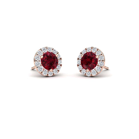 Ruby & White Diamond Round Halo Earrings - Elena