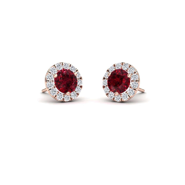 Ruby & White Diamond Round Halo Earrings - Elena