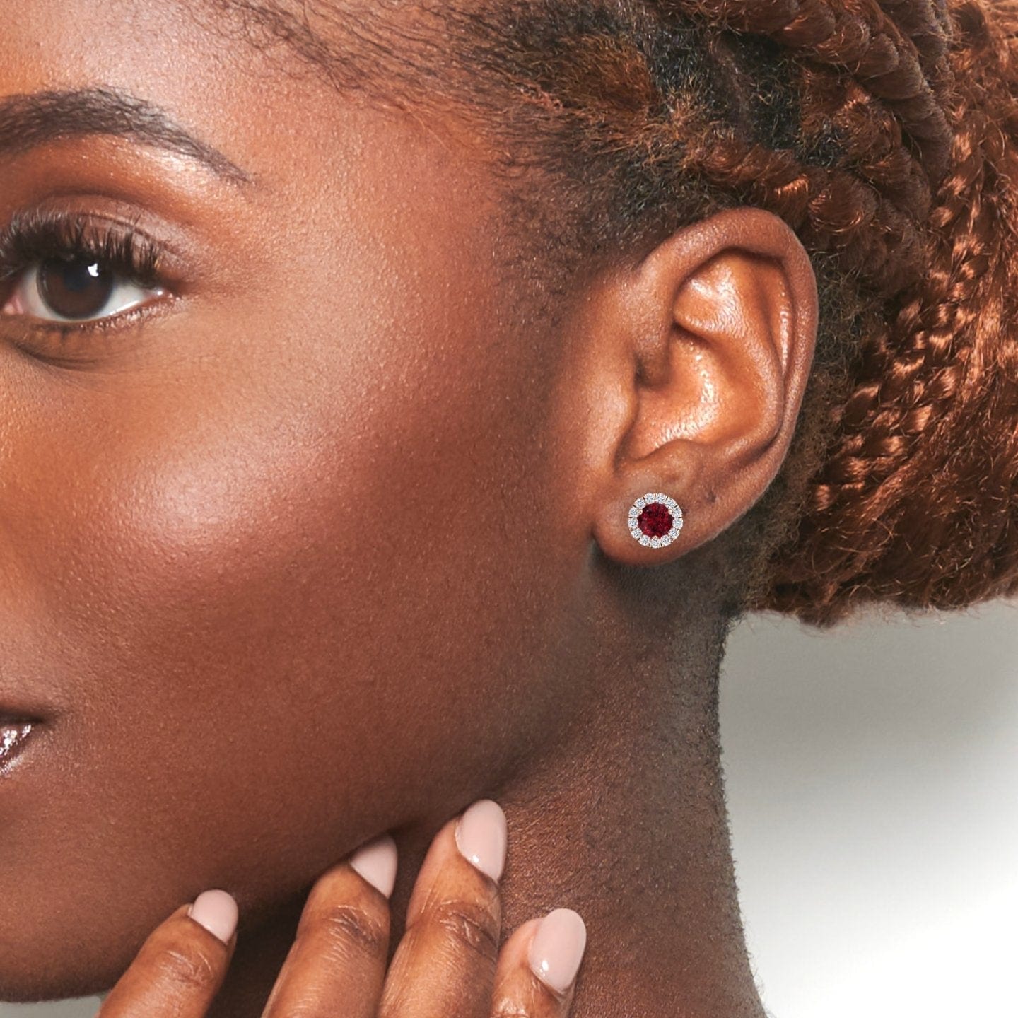 Ruby & Diamond Halo Stud Earrings - Elena
