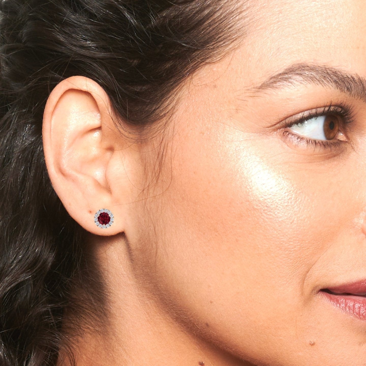 Ruby & Diamond Halo Stud Earrings - Elena