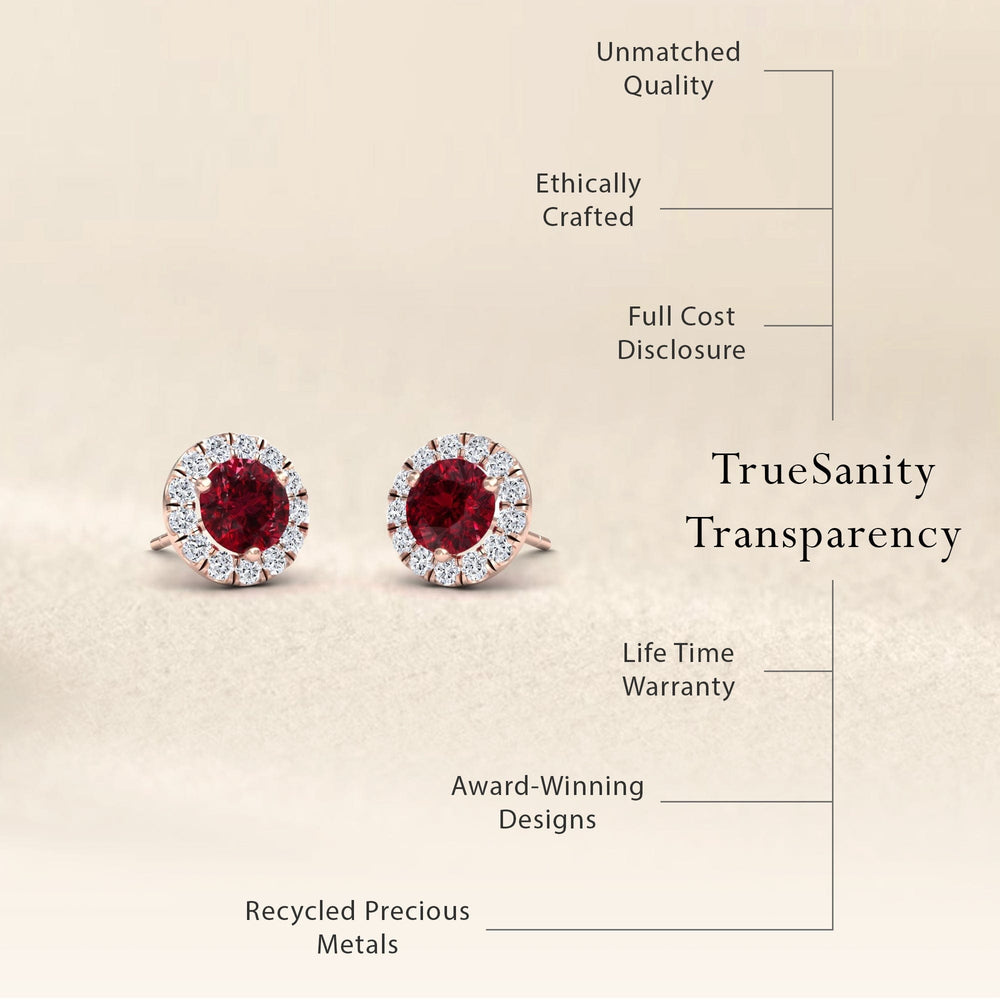 Ruby & White Diamond Round Halo Earrings - Elena