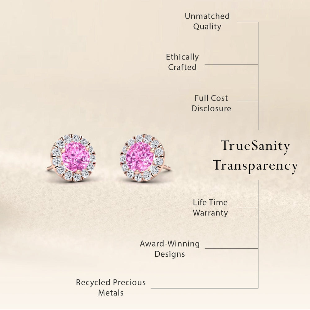 Pink Sapphire & White Diamond Round Halo Earrings - Elena