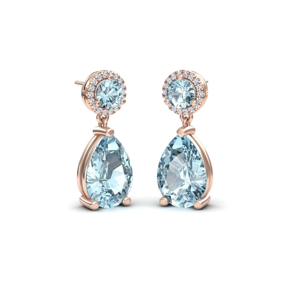 Pear aquamarine and diamond drop earrings in 14k rose gold