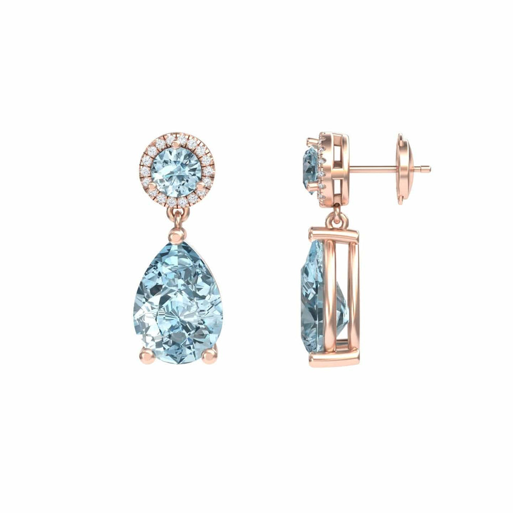 Pear aquamarine and diamond drop earrings in 14k rose gold, view 2