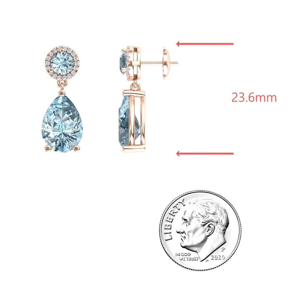 Pear aquamarine and diamond drop earrings in 14k rose gold, view 3