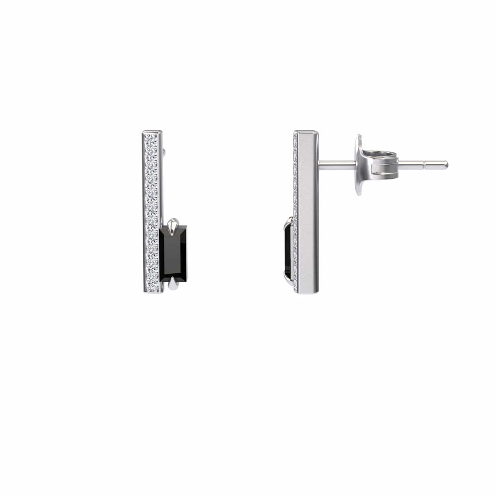 Baguette black and white diamond vertical bar stud earrings in 18k white gold, view 2