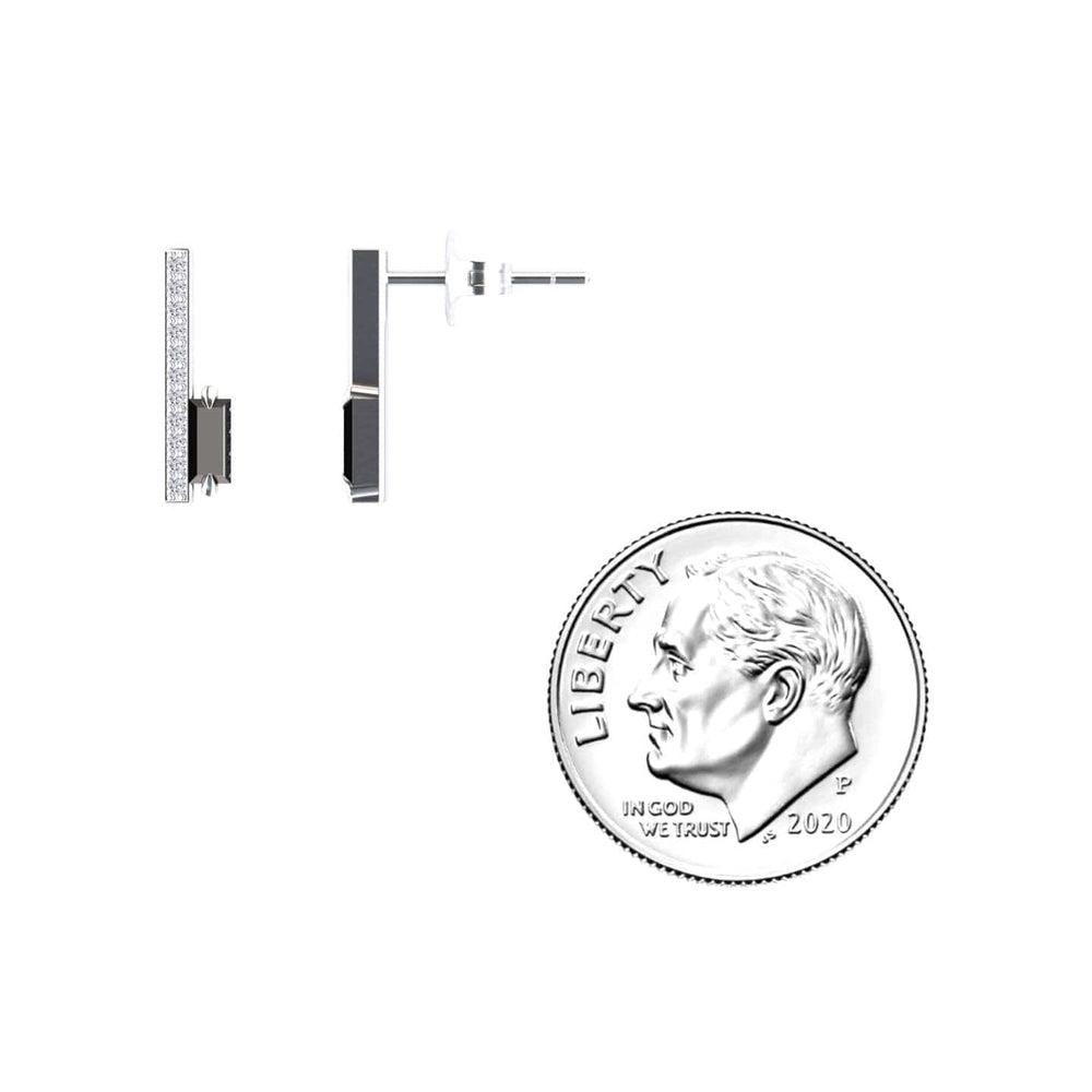 Baguette black and white diamond vertical bar stud earrings in 18k white gold, view 3