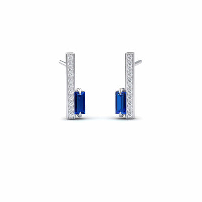 Blue Sapphire & Diamond Vertical Bar Stud Earrings