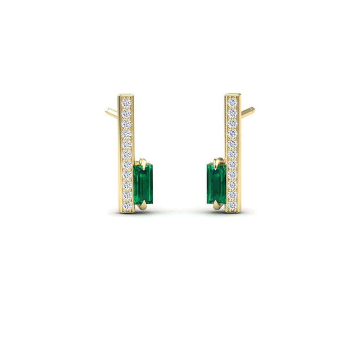 Emerald & Diamond Vertical Bar Stud Earrings - Fatima