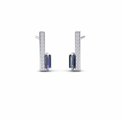 Lab Grown Alexendrite & Diamond Vertical Bar Stud Earrings