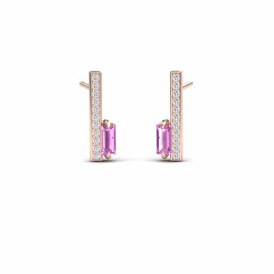 Pink Sapphire & Diamond Vertical Bar Stud Earrings