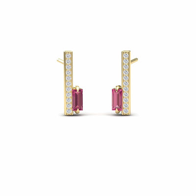 Pink Tourmaline & Diamond Vertical Bar Stud Earrings