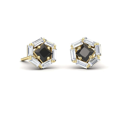 Black & White Diamond Hexagon Halo Stud Earrings