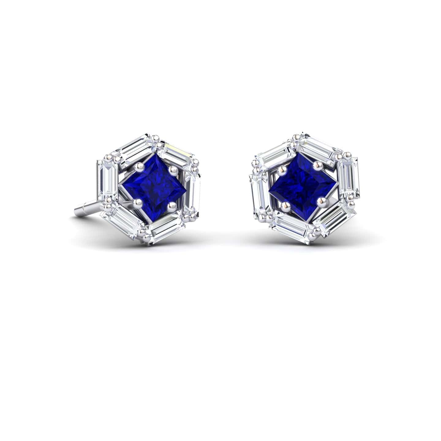 Blue Sapphire & Diamond Hexagon Halo Stud Earrings - Kiara