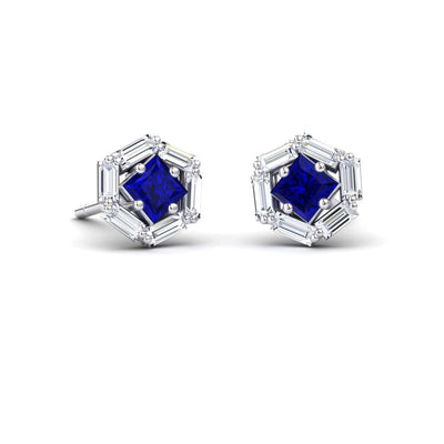 Blue Sapphire & Diamond Hexagon Halo Stud Earrings
