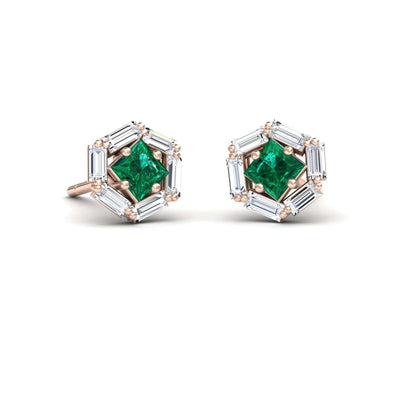 Emerald & Diamond Hexagon Halo Stud Earrings