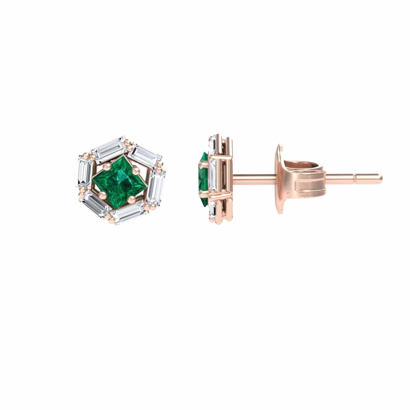 Emerald & Diamond Hexagon Halo Stud Earrings - Kiara
