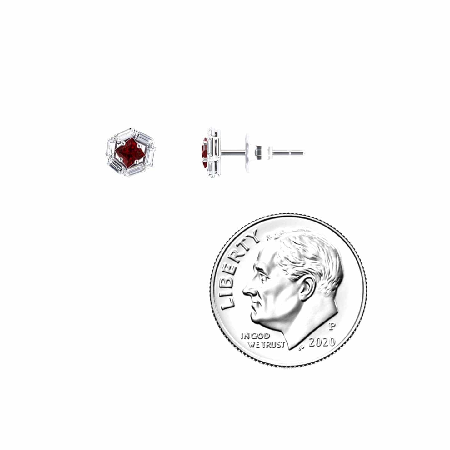 The Ruby & Diamond Hexagon Halo Stud Earrings - Kiara feature red gemstone centers, displayed next to a 2020 U.S. dime for size comparison on a white background.