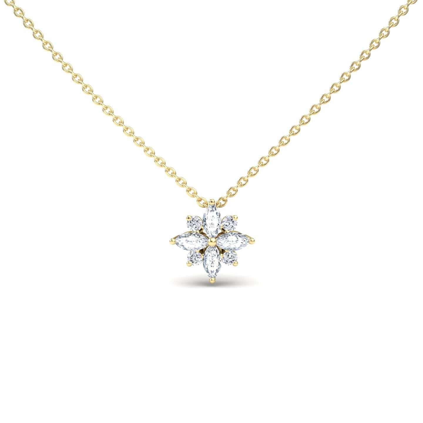 The White Diamond Flower Necklace - Keira features a flower-shaped pendant adorned with sparkling white diamonds, displayed on a white background.