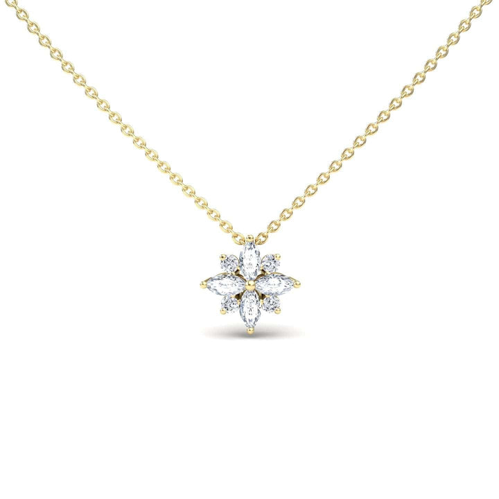 The White Diamond Flower Necklace - Keira features a flower-shaped pendant adorned with sparkling white diamonds, displayed on a white background.