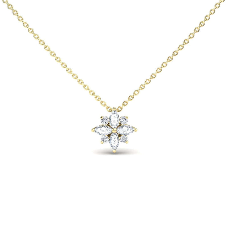 The White Diamond Flower Necklace - Keira features a flower-shaped pendant adorned with sparkling white diamonds, displayed on a white background.