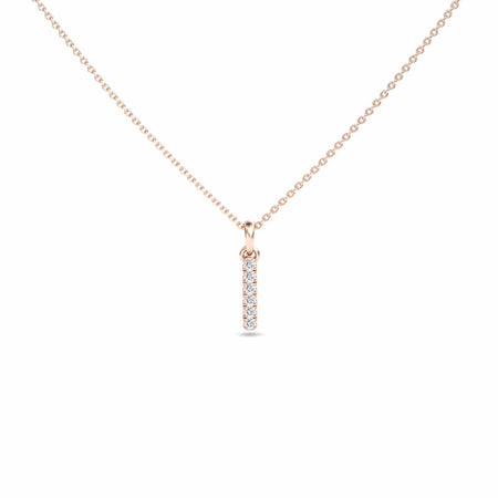 The White Diamond Vertical Bar Necklace - Lalita features a delicate gold chain and a vertical bar pendant set with five sparkling white diamonds in a row, displayed against a plain white background.