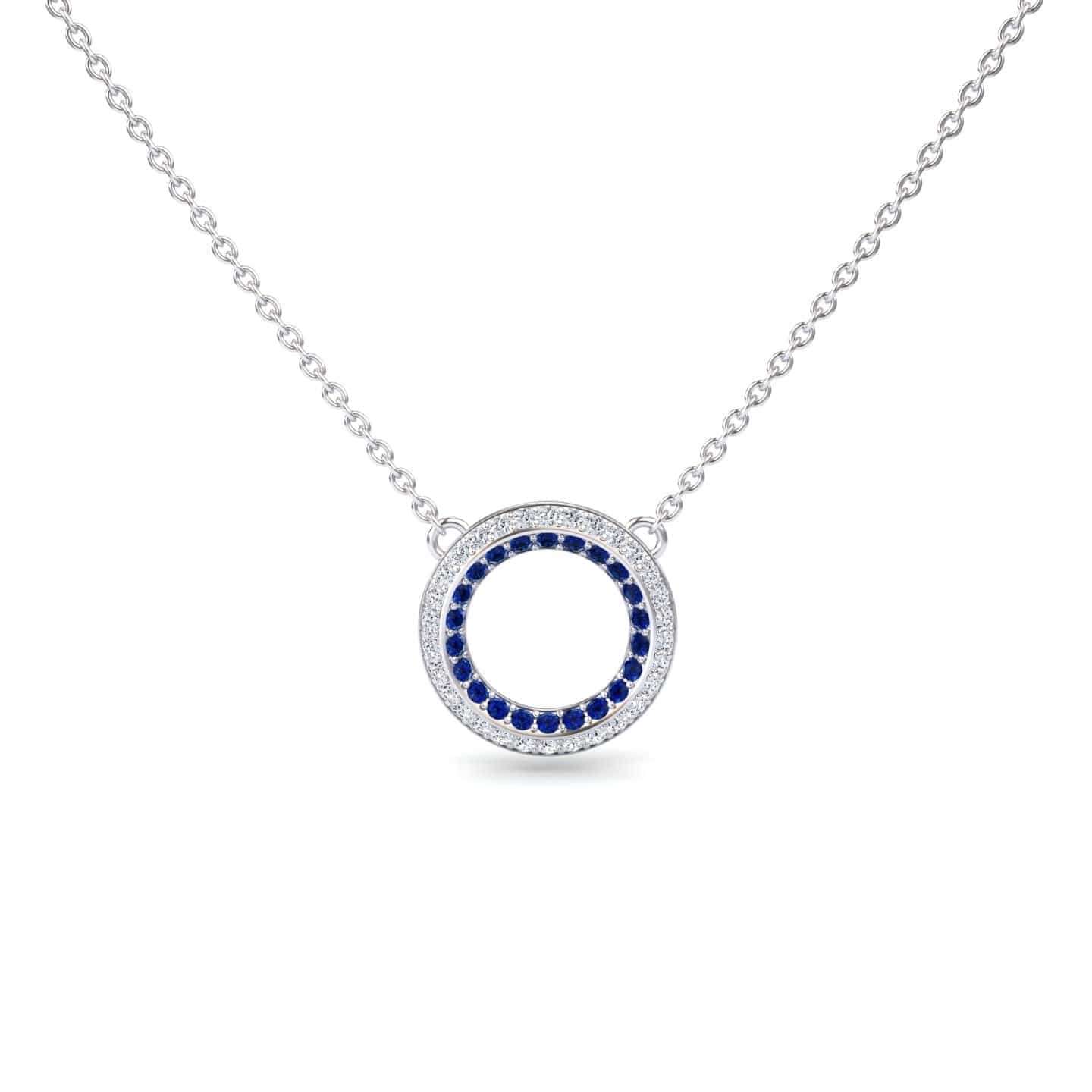 Blue Sapphire & Diamond Double Halo Circle Necklace - Mona: Features a circular pendant with a ring of blue sapphires encircled by diamonds, an open center, and is attached to a delicate chain.