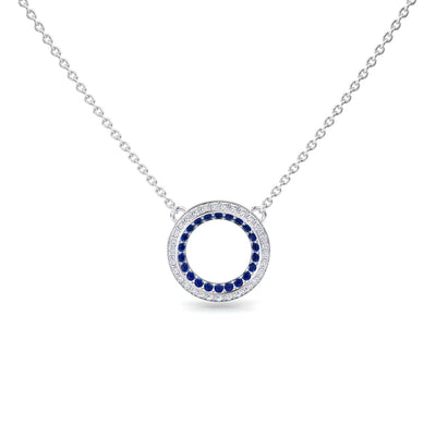 Blue Sapphire & Diamond Double Halo Circle Necklace
