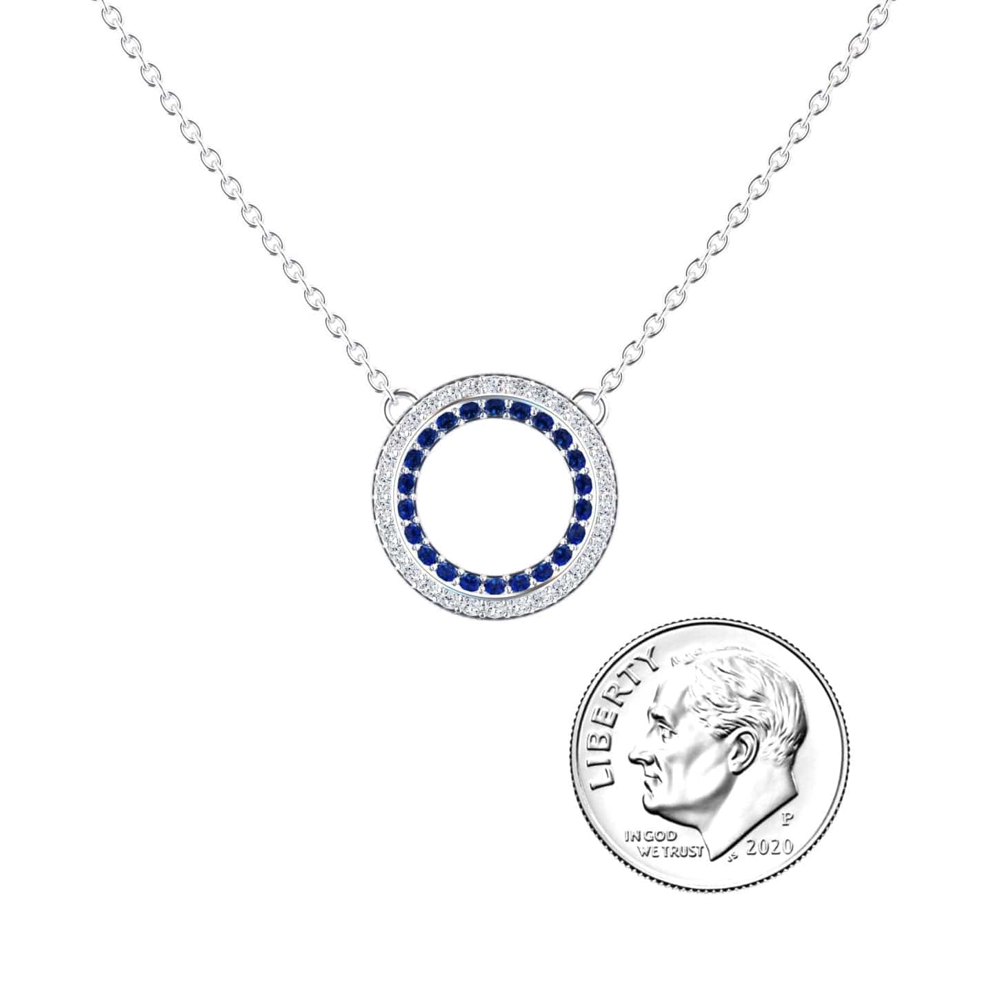 Blue Sapphire & Diamond Double Halo Circle Necklace - Mona