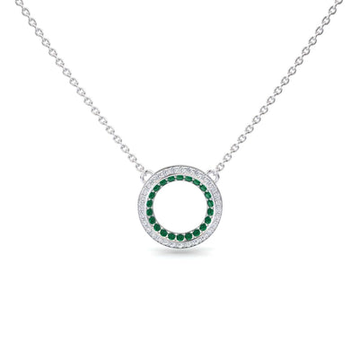 Emerald & Diamond Double Halo Circle Necklace