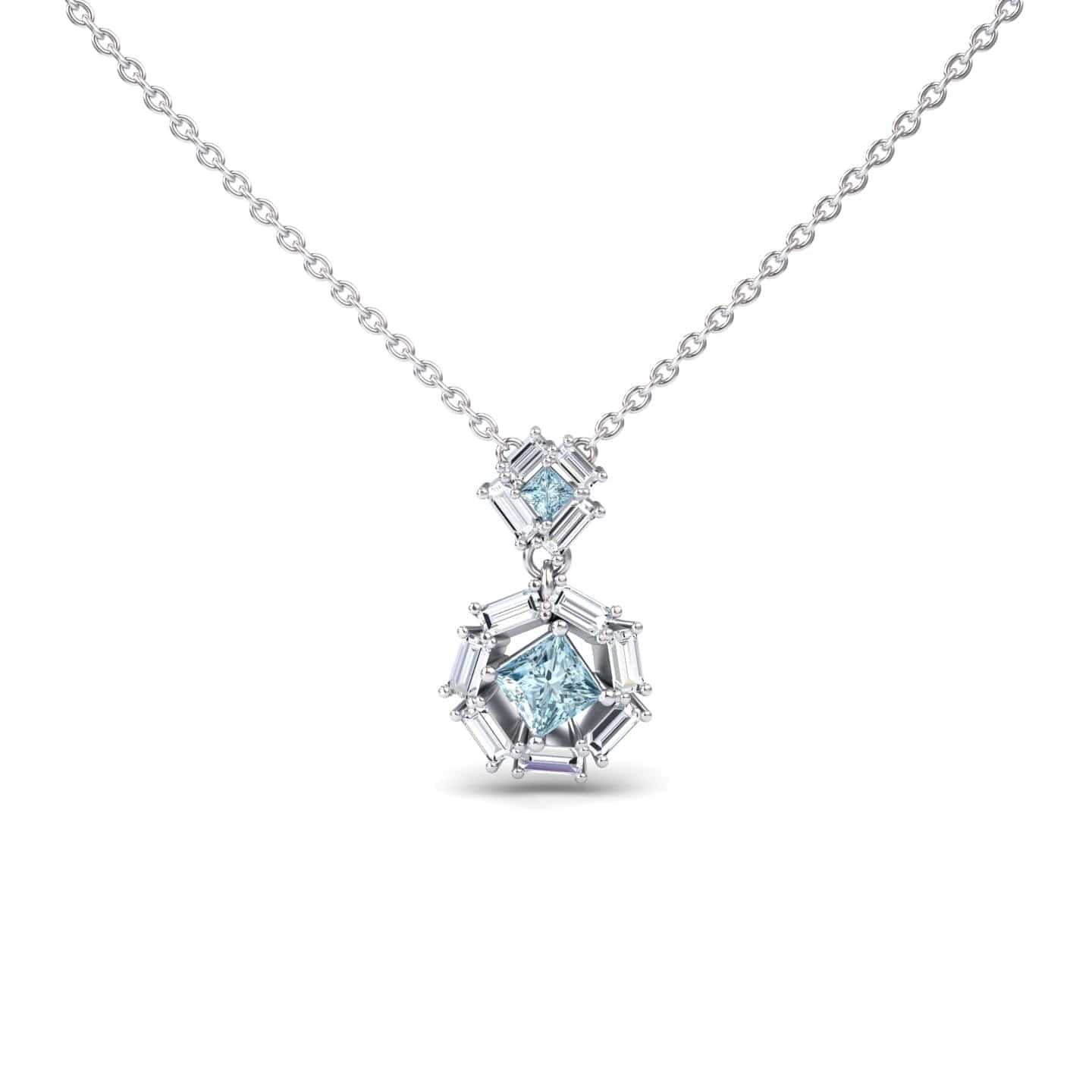 The Aquamarine & Diamond Geometric Halo Necklace - Reema features a silver pendant with square and hexagonal aquamarine gems, each encircled by baguette-cut diamonds.