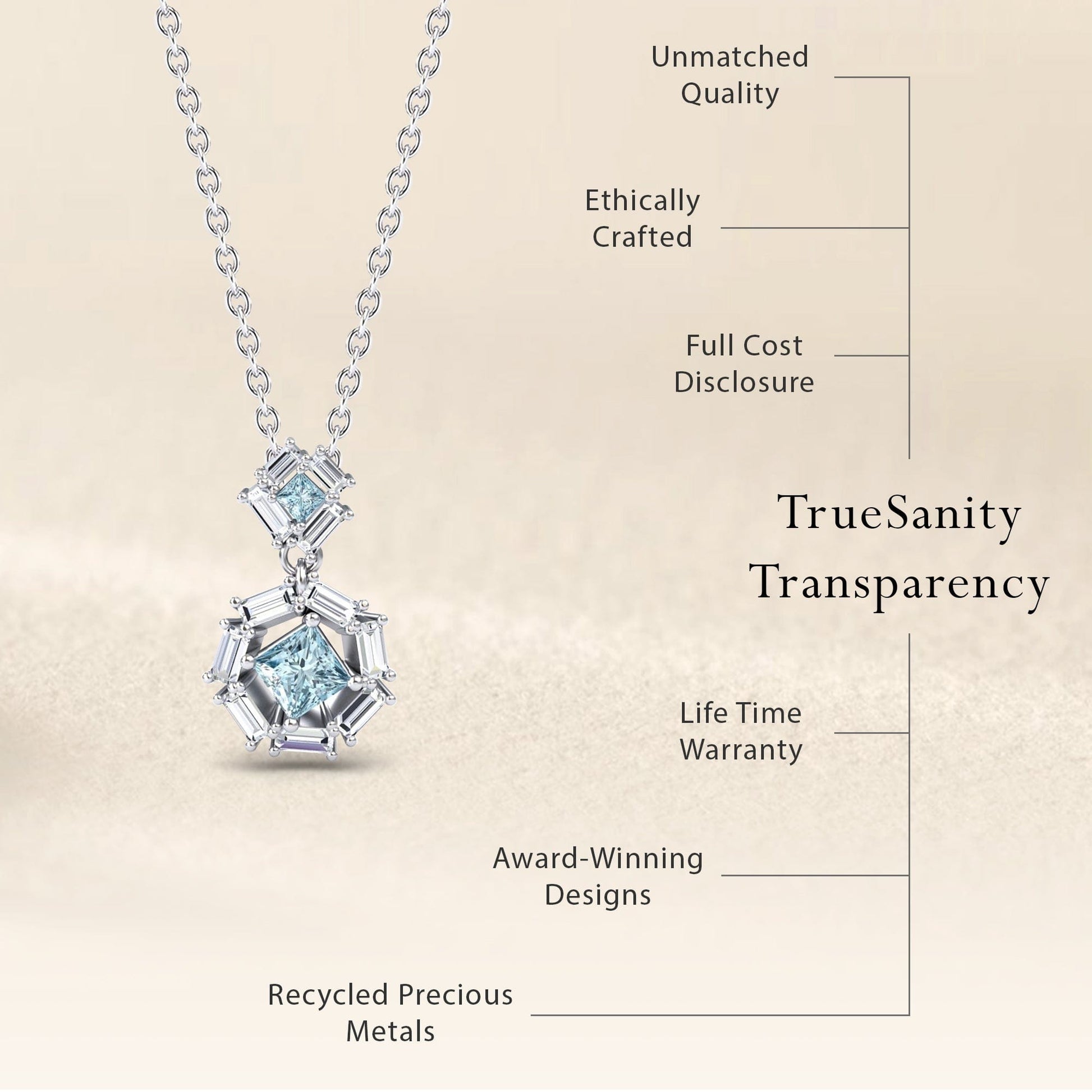 The Aquamarine & Diamond Geometric Halo Necklace - Reema, featuring a hexagonal blue gemstone pendant, is shown beside text highlighting unmatched quality, ethical crafting, full cost disclosure, lifetime warranty, award-winning design, and recycled metals.
