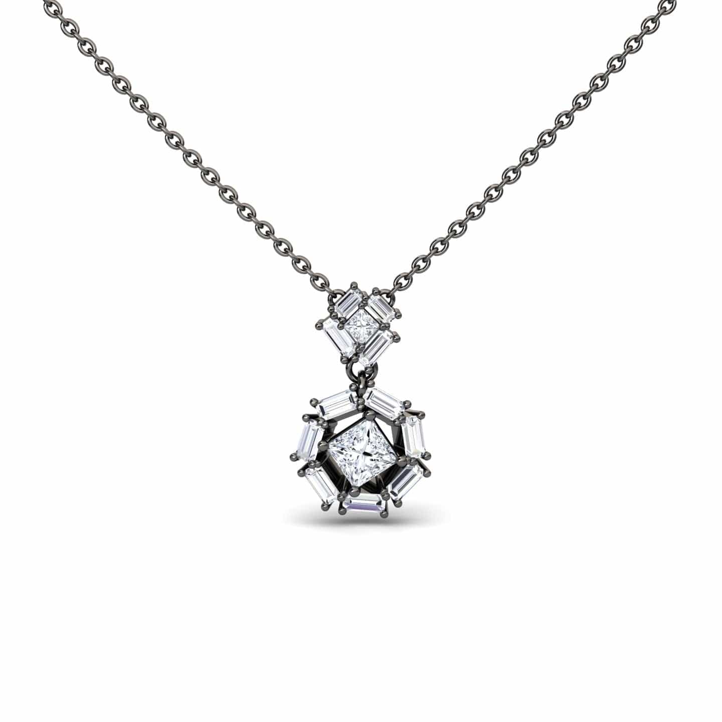 The White Diamond Geometric Halo Necklace - Reema features a silver chain with a pendant of baguette and round-cut diamonds in modern geometric shapes for an elegant look.