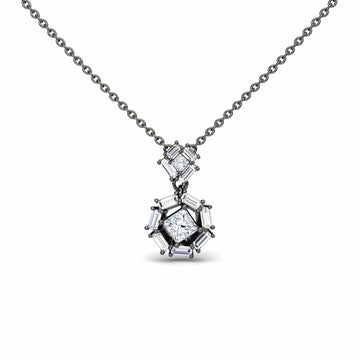 The White Diamond Geometric Halo Necklace - Reema features a silver chain with a pendant of baguette and round-cut diamonds in modern geometric shapes for an elegant look.