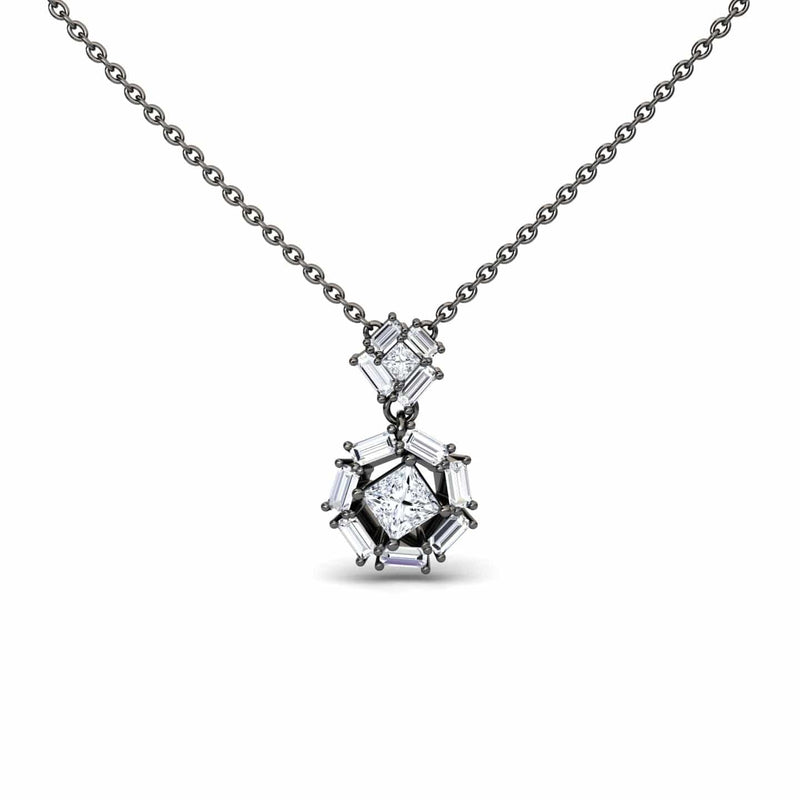 The White Diamond Geometric Halo Necklace - Reema features a silver chain with a pendant of baguette and round-cut diamonds in modern geometric shapes for an elegant look.