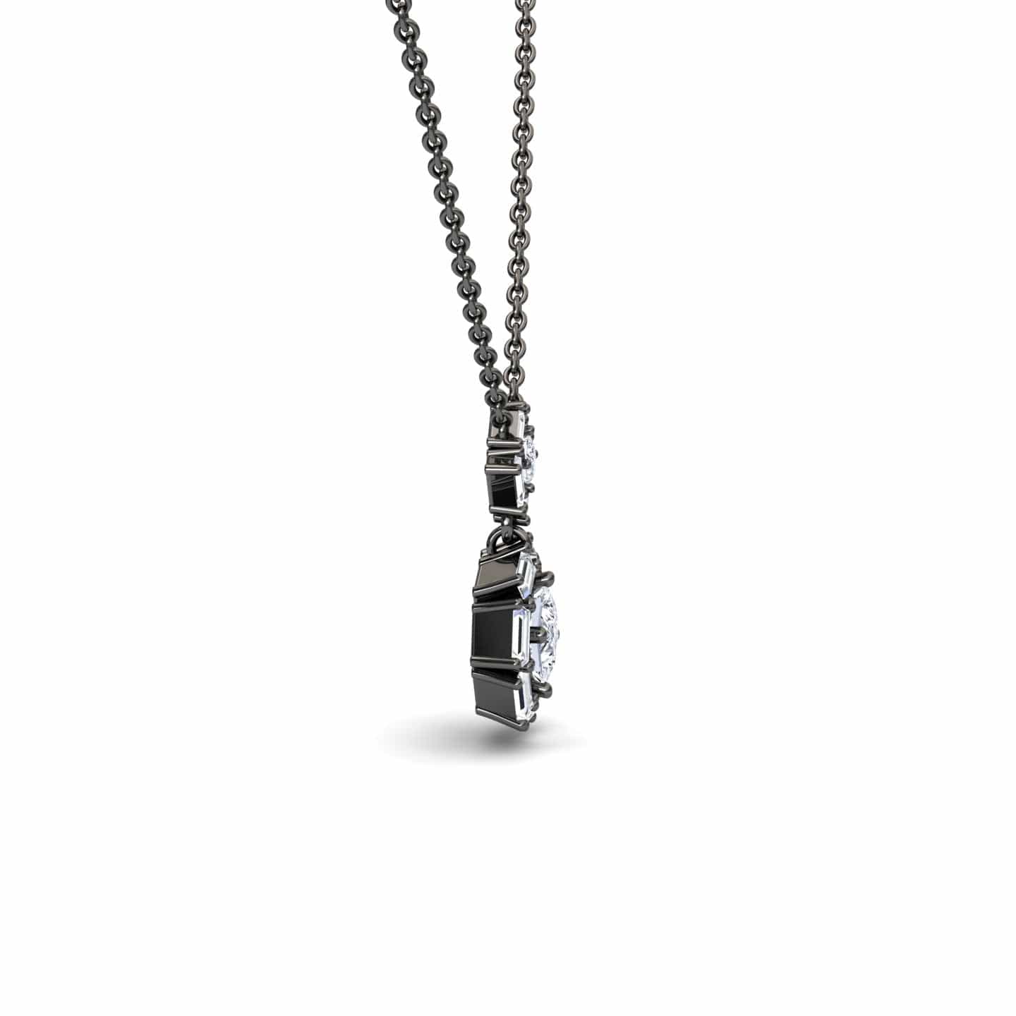A side view of the White Diamond Geometric Halo Necklace - Reema, showcasing a round white diamond set in a detailed black metal frame, hanging from a matching chain against a white background.
