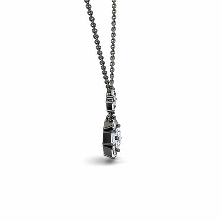 A side view of the White Diamond Geometric Halo Necklace - Reema, showcasing a round white diamond set in a detailed black metal frame, hanging from a matching chain against a white background.