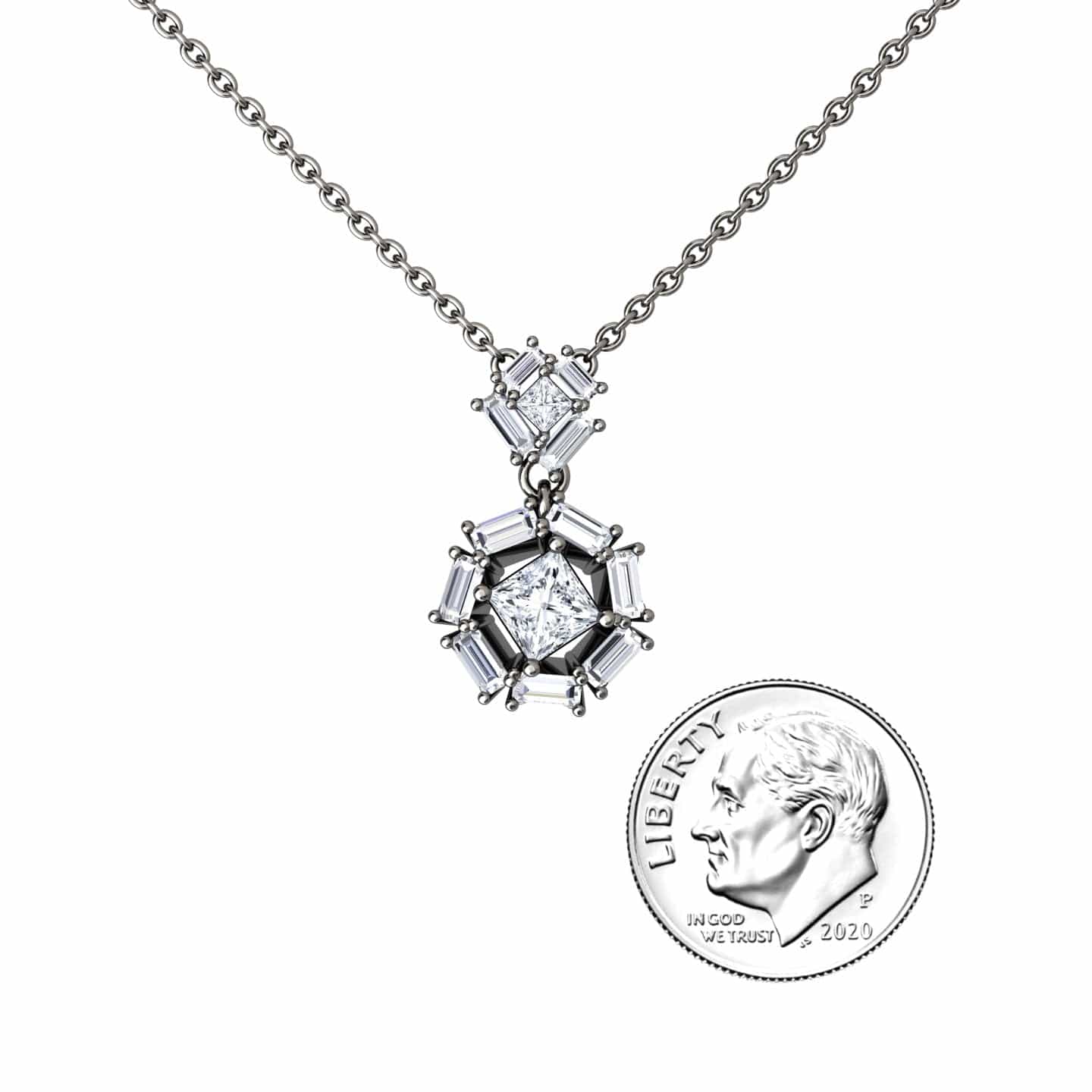 The White Diamond Geometric Halo Necklace - Reema is shown beside a 2020 U.S. dime for scale on a white background.