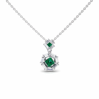 Emerald & Diamond Geometric Halo Necklace
