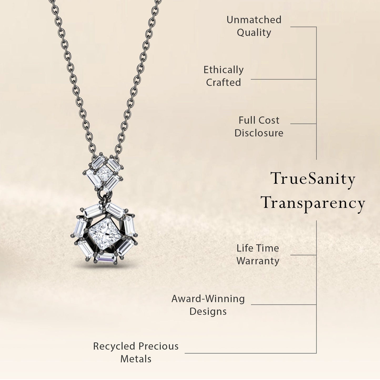 The White Diamond Geometric Halo Necklace - Reema is shown. Features listed: unmatched quality, ethically crafted, full cost disclosure, lifetime warranty, award-winning design, and made with recycled precious metals.