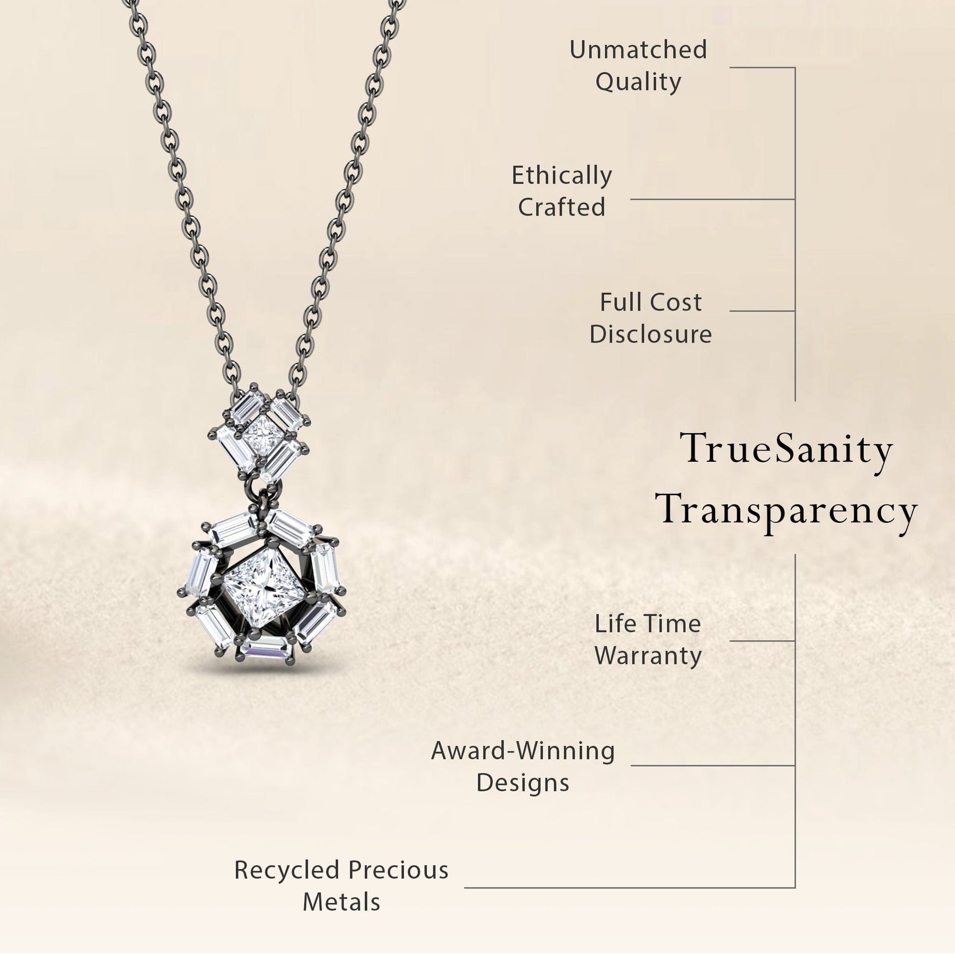 The White Diamond Geometric Halo Necklace - Reema is shown. Features listed: unmatched quality, ethically crafted, full cost disclosure, lifetime warranty, award-winning design, and made with recycled precious metals.