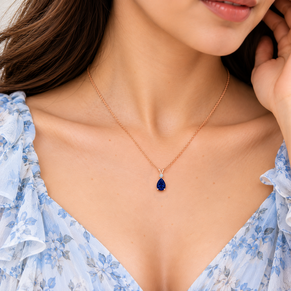 Lab Grown Blue Sapphire & Diamond Teardrop V-Bale Necklace - Avery