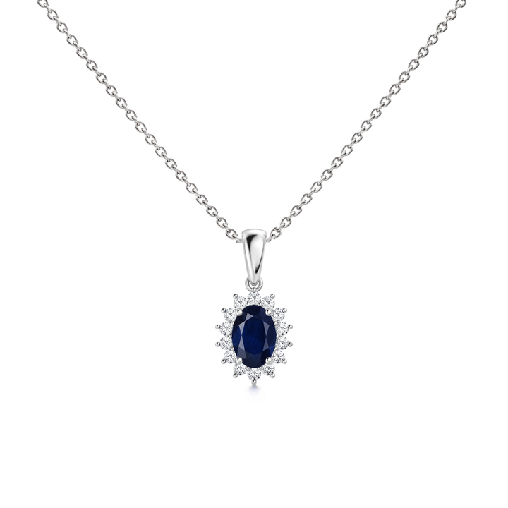 Blue Sapphire Floral Diamond Halo Necklace, 0.79 ct, 14K White Gold, front view