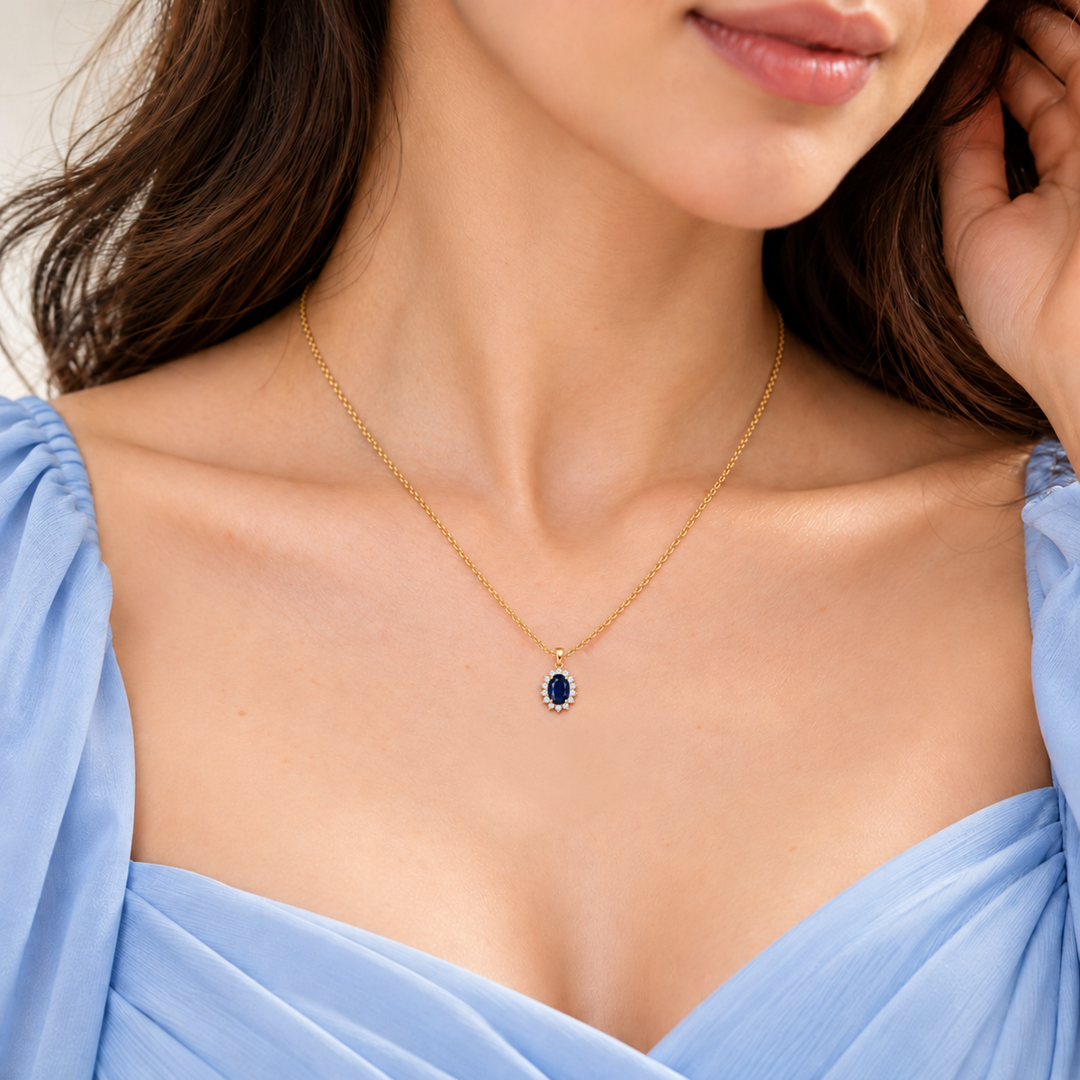 Blue Sapphire Good Floral Diamond Halo Necklace - Genesis